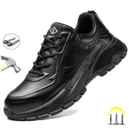 Boots New Black Leather Shoes For Men Indestructible Steel Toe Safety Work Shoes Sneakers Anti Smashing Anti Piercing Male Footwear