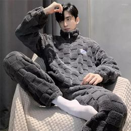 Men's Sleepwear 2024 Winter Warm Men Pajamas Set Stand Collar Fluffy Coat And Long Pants Coral Fleece Plaid Home Clothes