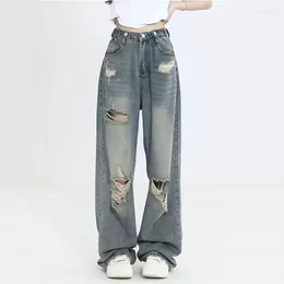 Women's Jeans American Vintage Wash Waist Straight High Hole Button Zipper Pockets Loose Slim Design Personalized Wide Leg Pants
