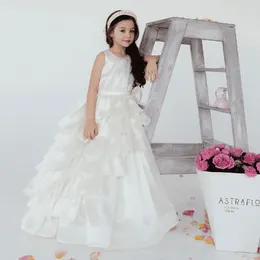 Girl Dresses Layered Satin Flower Dress For Wedding Puffy O-neck Tulle Sleeveless With Bow Kids Birthday Party Ball First Communion Gown