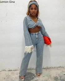 Women's Two Piece Pants Lemon Gina Fashion Denim Set Tassel Long Sleeve Crop Jean Jackets And With Scarf 2024 2PieceSetOutfitTracksuit