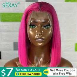 Synthetic Wigs Hot Pink Short Bob Lace Front Wigs Brazilian Human Hair Wigs 13x4 HD Transparent Lace Frontal Wig Colored Double Drawn Bob Wig 240329