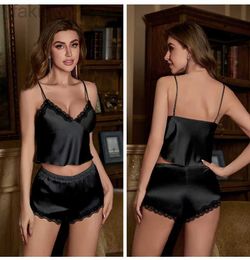 Sexy Pyjamas Sexy Lace Pyjamas Set Summer Silky Satin Chemise Sleepwear Loungewear Women Pyjamas Suit Cmai shorts Nightshirts Lingerie 24318