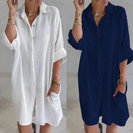 Plus Size Cotton Linen Shirt Dress for Women 2023 Large Short Mini Skirt Casual Autumn And Winter Female Clothing Vestido 240311