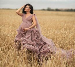 Dusty Pink Maternity Evening Dress Robes for Po Shoot or baby shower Ruffle Tulle Chic Women Dresses Nightgown Pography Shaw5964959