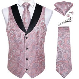 Vests Pink Paisly Suit Vest Set 5 PCS Tuxedo Waistcoat And Tie Pocket Square Cufflinks Tie Clips For Wedding Mens Clothing Blazer Vest