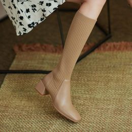 Boots Slim KneeHigh Sock Boots Fashion Knitting Stretch Cloth Leather Stitching Women Long Boots Female Square Toe High Heels