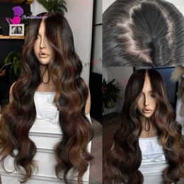 Synthetic Wigs Glueless Lace Front Wigs Silk Base Frontal Wigs 13x4 or 5x5 Long Wigs Body Wave Human Hair Wig Dark Brown Highlight Wigs 240329