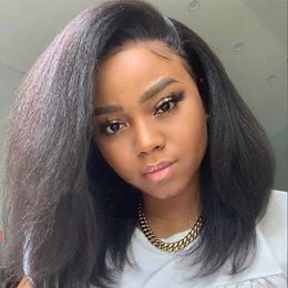 Synthetic Wigs Brazilian Kinky Straight Short Bob Lace Front Human Hair Wigs For Black Women Pre Plucked 13x4 Remy Lace Frontal Wig Coarse Yaki 240329