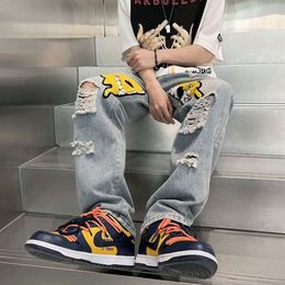 American Style Distressed Jeans for Summer Slim Fit Loose Wide Men's Instagram High Street Straight Leg Pants