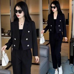 Women's Two Piece Pants Insozkdg Woman Vintage Leisure Blazer Wide-leg Suit Commuter Loose Double-breasted Collar Coat Trousers 2-piece Set