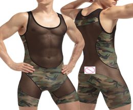 Men039s sexy Transparent mesh fishnet Rompers Underwear Wrestling Singlet Jumpsuit Teddies GAY Underwear OnePiece Bodysuits4311051