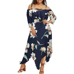 Casual Dresses Fashion Women Off Shoulder Plus Size Long Sleeve Lace Up Ruffle Trim Maxi Flowing Floral Print Irregular Dress Vestidos