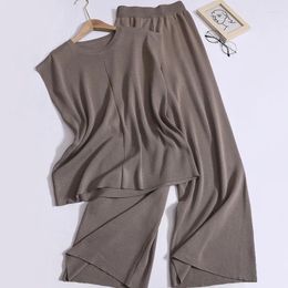 Women's Two Piece Pants Summer Sleeveless Loose Slim O Neck Thin Knitted Vest Tops With High Waist Wide Leg Trousers Women Two-piece Set