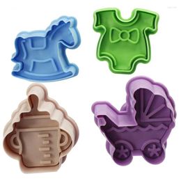 Baking Moulds 4pcs Baby Toys 3D Stroller Trojan Horse Bottle Shape Cookies Mold Biscuit Stamp Gift Toast Fondant Decorating Tools