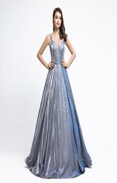 2019 Luxury bling Sparkly Reflective ALine Evening Dresses yousef aljasmi spaghetti v neckwith pocket dubai arabic Prom Formal Go7581652