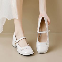 Pumps 2023 autumn new women's high heels fashion chunky heel design ladies casual party and work wear White Mary Jane leather shoes