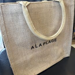 Linen woven shopping open tote bag Black lettering printed beach bag VIP gift