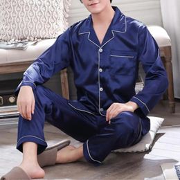 Men's Sleepwear Men Casual Two-piece Suit Pyjama Set Satin Lapel With Long Sleeve Shirt Wide Leg Pants Soft For Fall