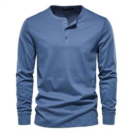 AIOPESON Henley Collar T Shirt Men Casual Solid Color Long Sleeve for Autumn High Quality 100 Cotton Mens Shirts 240308