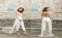 Designer Jumpsuit Beach Wedding Dresses Jewel Neck Long Sleeve Backless Ankle Length Bridal Outfit Lace Summer Wedding Gowns5637312