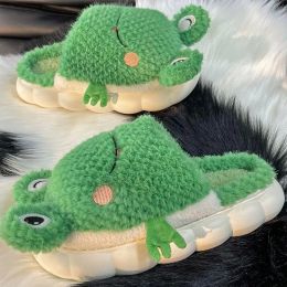 Boots Happy Fun Frog Slippers For Adults Women Men Green Fur Platform Indoor Shoes Big Size 44 45 Woman Fuzzy Animal Home Slippers New