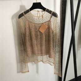 Bling Rhinestone Mesh T Shirts Tops With Sling Vest Womens Designer Clothing See Through Long Sleeve Tees