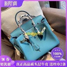 Tote Bags Genuine Leather Bk Habdbags 2024 Summer New Blue Platinum Bag Leather Top Layer Cowhide Litchi Pattern Womens Bag Handbag Large Capa have logo HBN2RO