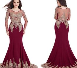 Cheap Long Sleeves In Stock Scoop Sheer Neckline Mermaid Gold Lace Appliques Burgundy Evening Prom Dresses Robe de Soiree Longue P9311198