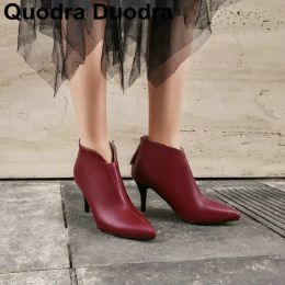 Boots new Wine Red Women Winter Ankle Boots Thin High Heels Shoes short boots V Cut High Heels Shoes Ladies Solid size 3348 43 44
