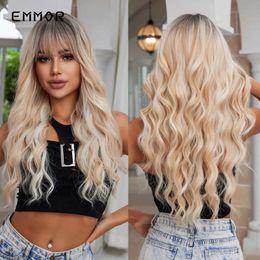 Synthetic Wigs Emmor Long Wavy Blonde Synthetic Wigs Ombre Brown Daily Natural Hair Wigs With Bangs Cosplay Party for Women Heat Resistant Hair 240328 240327
