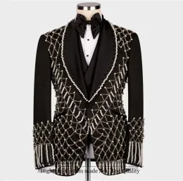 Suits Luxury Metal Embellished Men Suits Shawl Lapel Groom Tuxedos Wedding Prom Blazers Hombre Outfit Terno Masculinos Completo