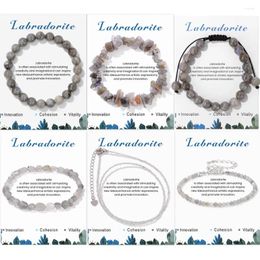 Strand Grey Labradorite Bead Bracelets With Card Natural Stone Moonstone Round For Women Men Energy Bangles Jewellery