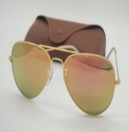 1Pair Gold Frame Pink Flash Mirror Pilot Colorful Sunglasses Metal Sun Glasses For Women Glass Lenses With Brown Case7871320