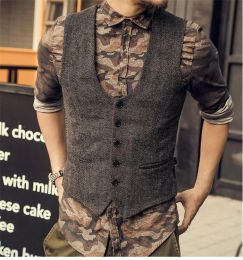 Vests Men's Wool Tweed Slim Fit Leisure Cotton Suit Vest Gentleman Herringbone Pattern Waistcoat Beckham business Brown Wedding Groom