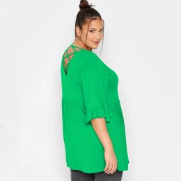 Top Plus Size Indietro Croce Estate Elegante tunica Top Donna Mezza manica svasata Scollo rotondo Casual Loose Fit Camicetta peplo Large Size 8XL