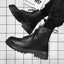 HBP Non-Brand Men Boots High-Top Leather Tooling Boots Fashion Black Plus Cotton Leather Shoes Comfortable Combat Boots