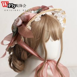 Harajuku Sweet Women Girls Summer Straw Sun Hat Kawaii Lolita Cosplay Lace Flower Bandage Bowknot hats Ladies Elegant Cap 240311