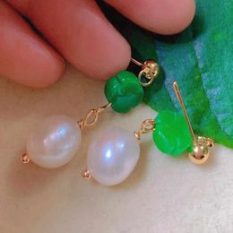 Dangle Earrings Fashion White Eggshell Pearl Green Jade Sculpture Office Handmade Beaded Unisex Clip-on Silver Gemstone Drop Party