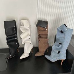 ~Willow nail buckle splicing two pairs of thin high heels denim pleated pile up boots female personality spicy girl fashion long boots