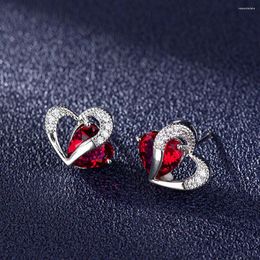 Stud Earrings Love Heart Red Blue Crystal Zircon Diamonds Gemstones For Women White Gold Silver Colour Jewellery Trendy Accessories