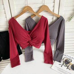 Womens t Shirts Sweet T-shirt for Women with Built in Bra v Neck Long Sleeve Folds Solid Cropped Tees Korean Style Slim Shirt Summer