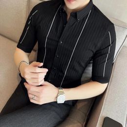 Men's Casual Shirts Stripe For Men Korean Luxury Clothing Summer Half Sleeve Social Shirt Dress All Match Slim Fit Blouse Homme