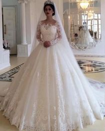 Vintage Long Sleeve Lace Wedding Dresses A Line Applique Sheer Jewel Neck Arabic Dubai Bridal Gowns Plus Size Maternity Robes de maraige