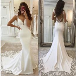 Modern Summer Lace Satin Mermaid Wedding Dresses Sexy V Neck Cap Sleeve Sweep Train Backless Formal Satin Bridal Gowns