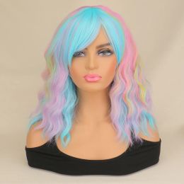 Wigs SuQ Women's Short Water Wavy Wig with Bangs Girls Synthetic Hair Cosplay Wig Rainbow Multi Colour Party Cosplay Wigs