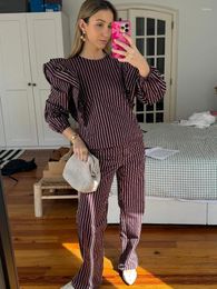 Women's Two Piece Pants Fasion Striped Flying Shoulder Top Set Woman Elegant Long Sleeve Loose Straight Pant Suit 2024 Spring Lady Casual