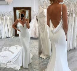 Sexy Backless Mermaid Wedding Spaghetti Straps Lace Appliques Button Covered Open Back Long Bridal Gowns Dresses Custom Made BC