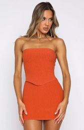 Work Dresses Women Ribbed Skirt 2Pcs Suit Solid Color Sleeveless Strapless Tube Tops High Waist Mini Short Clubwear Matching Sets