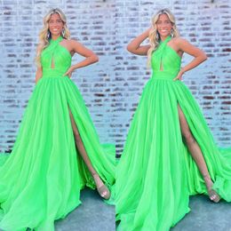 Fresh Green A Line Prom Dress Halter Keyhole Evening Elegant Split Dresses For Special Ocns Sweep Train Robe De Soiree